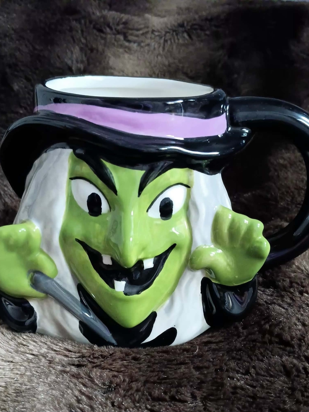 Green Witch Ceramic Mug with Black Handle and Purple Hat Band